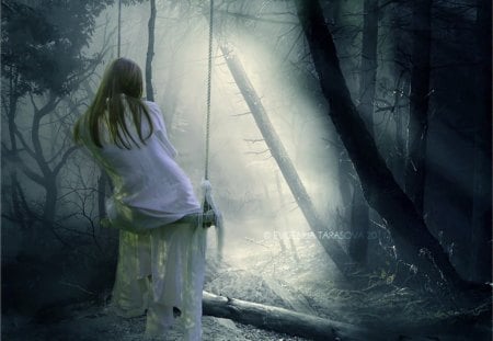 Forest - swing, fantasy, white, lady, forest