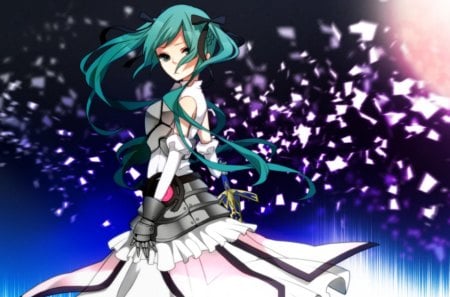 Miku Saber - saber, anime, vocaloid, female, dress, hatsune miku, green hair, long hair, armor, weapon, gown, anime girl, twintails, hot, girl, sword, petals, knight, blade, miku, cute, hatsune, crossover, sexy, vocaloids, fate stay night, excalibur