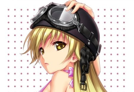 Oshino Shinobu - close up, oshino, female, cap, hot, hat, blond, oshino shinobu, simple, anime girl, white, blond hair, blonde hair, anime, shinobu, cute, bakemonogatari, yellow eyes, sexy, girl, long hair, plain, goggles, blonde