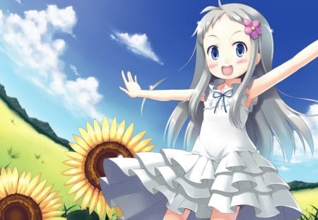 Meiko Honma - nice, sunflower, sky, female, hot, sundress, anime girl, view, pretty, cloud, swwet, anime, silver hair, cute, scene, sexy, scenic, girl, long hair, lovely, kawaii, floral, scenery, smile, dress, happy, flower, white hair