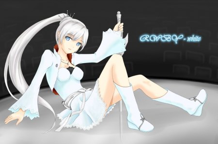 RWBY - White - female, hot, simple, anime girl, armor, black, blade, white, dark, anime, sword, cute, silver hair, sexy, girl, long hair, plain, weapon, white hair, dress