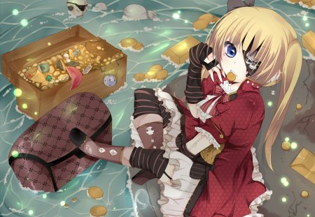 Dead mans chest, Girls delight - female, hot, water, blond, anime girl, blond hair, blonde hair, box, anime, eyepatch, treaure, cute, sexy, girl, blue eyes, chest, wet, long hair, gold, blonde