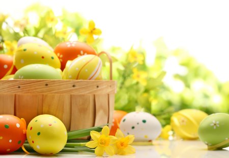 Easter decoration with eggs - easter, basket, bunny, spring, nature, eggs, holidays, pastel, holiday, flowers, colors, decoration