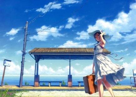 Summer Vacation - cute, hot, anime girl, girl, scenery, hat, scenic, cloud, sundress, breeze, pretty, wind, water, sweet, windy, anime, dress, sky, oceaan, bag, nice, lovely, sexy, scene, female, sea