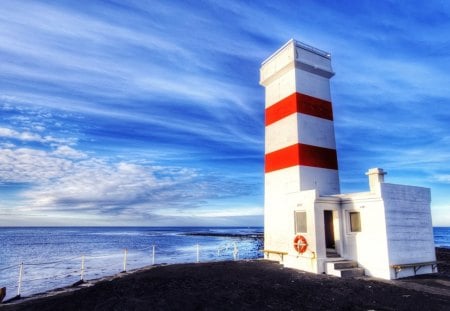 lovely square lighthouse - clouds, square, lighthouse, sea, black sand