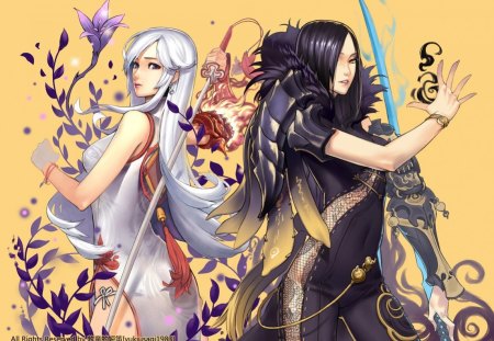 Blade & Soul - anime, female, warrior, long hair, white hair, armor, weapon, silver hair, fighter, anime girl, hot, girl, sword, blade, black hair, cute, sexy, fantasy girl