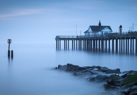 beautiful pier in a misty sea - pier, shore, sea, mist, rocks