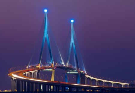 modern towers bridge - modern, lights, towers, night, bridge