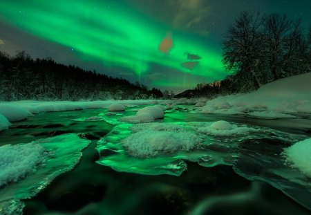 aurora borealis over green frozen river - aurora borealis, river, ice, green