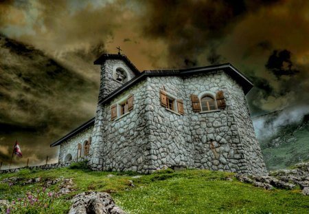 wonderful stone church in the mountains hdr - clouds, hdr, mountains, church, stones, flag