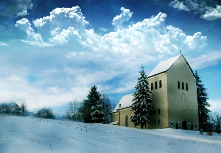 beautiful church in winter - hill, clouds, trees, winter, church