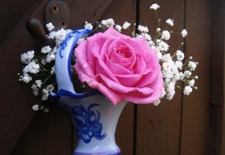 Pink rose - rose, pink, flowers, vase, blue, white, petals, gift, lovely, small, nature, color