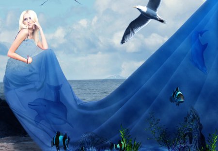 ✰.Blue Sea in Summer.✰ - pretty, birds, summer, female, photomanipulation, plants, seasons, face, digital art, colors, love, hair, wonderful, lips, wings, cute, animals, people, blue, amazing, splendor, dress, flying, eyes, doves, sky, clouds, water, beautiful, sea, fishes, models, cool, lovely, sweet, colorful, fantasy, bright, adorable