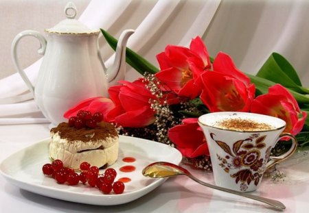 Coffee  and red  tulips - spoon, porcelain, coffee, spring, entertainment, still life, flowers, tulips, white, season, red, cake, fruits, cup, wallpaper, other