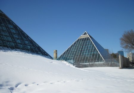 Muttart Conservatory of Edmonton 03 - white, pyramids, blue, photography, snow, Winter, sky