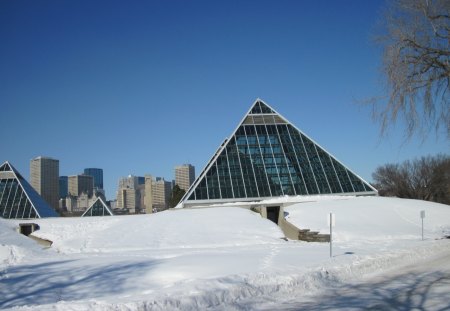 Muttart Conservatory of Edmonton 05 - white, sky, photography, trees, pyramids, blue, snow