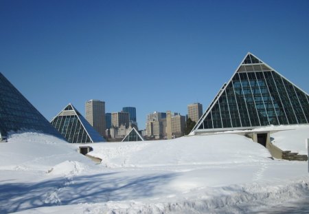 Muttart Conservatory of Edmonton 06 - white, pyramids, blue, photography, snow, Winter, sky