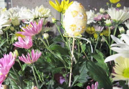 Happy Easter from the garden - white, pink, egg, flowers, photography, yellow, green, daisy