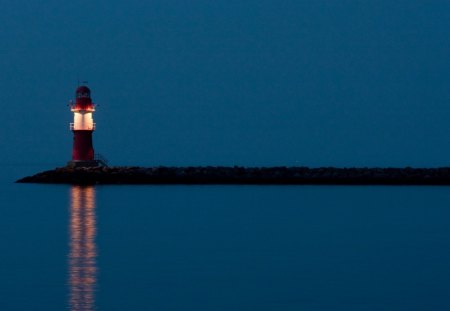 fantastic lighthouse lit at night - lighthouse, pier, light, night, rocks