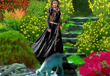 ✰.Walking with Dog.✰ - pretty, summer, female, walking, dog, spring, flowers, garden, ladder, seasons, face, women, digital art, colors, love, hair, girls, lips, mixed media, cute, animals, people, splendor, dress, eyes, view, trees, beautiful, models, cool, lovely, sweet, colorful, fantasy, bright