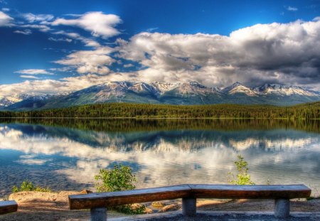 benches overlooking amazing landscape hdr - clouds, hdr, benches, lake, forest, mountains