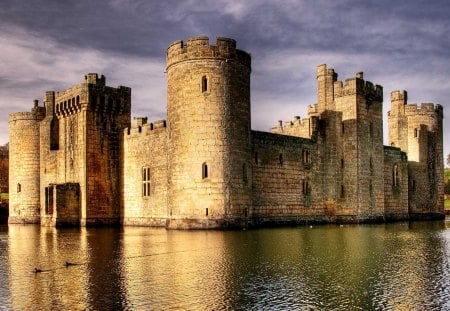 fabulous bodiam castle in england hdr - ancient, lake, castle, clouds, towers, hdr