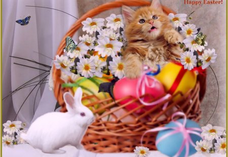 Happy Easter! - eggs, basket, bunny, cat