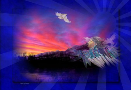 Spirit Of The Eagles - native, eagles, wings, sunset, mountains, white, spirit, pretty, blue, beautiful, red, orange