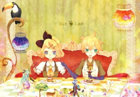 Dessert & Entertainment - bird, anime, vocaloid, rin and len kagamine, food, table, entertainment, little people, fantasy, mermaid, fish, animals