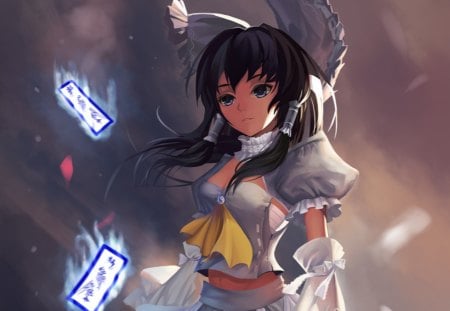 Hakurei Reimu - anime, anime girl, female, magic, hot, girl, long hair, touhou, talisman, black hair, cute, ribbon, reimu, hakurei reimu, sexy