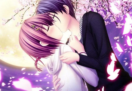 Kiss Passion - anime, female, guy, night, handsomw, happy, boy, male, short hair, kiss, moon, anime girl, girl, lovely, love, sweet, petals, lover, couple