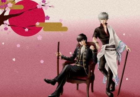 Gintama - gintama, gintoki, sakata, hot, hijikata, simple, sakata gintoki, blade, cool, katana, petals, anime, sword, kimono, silver hair, cute, short hair, handsome, male, sexy, samurai, hijikata toshiro, toshiro, boy, plain, weapon, yukata, uniform, guy, white hair