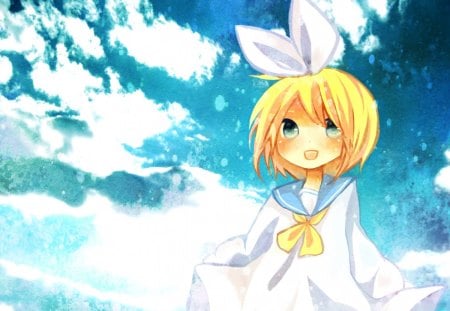 ~The Big Blue Sky~ - clouds, vocaloid, rin kagamine, cute, blonde, bow, sky