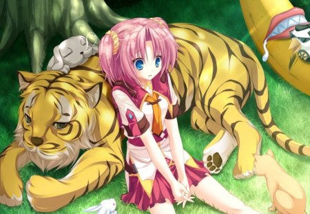 Girl n Pets - anime, female, long hair, animal, kitten, pink hair, pets, anime girl, rabbit, hot, girl, cubs, bunny, tiger, cat, cute, sexy, kitty