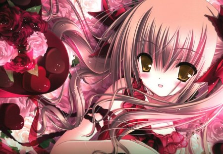 Red Roses - blush, flower, rose, cute, beautiful, blossom, anime girl, adorable, girl, adore, floral, red, pretty, kawaii, beauty, swet, anime, long hair, petals, nice, lovely, female