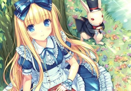 Alice n Rabbit - anime, kawaii, female, blue, book, dress, blonde, blond hair, long hair, blond, ribbon, alice in wonderland, gown, anime girl, rabbit, hot, girl, white rabbit, blonde hair, bunny, cute, alice, sexy