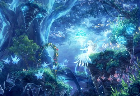 Enchanted Forest - anime, kawaii, magic, female, wing, forest, light, plant, magical, peace, paradise, sparks, nice, enchanted, woods, anime girl, girl, lovely, sweet, tree, wonder, harmony, glow, fantasy, wings, fairy, cute, fish