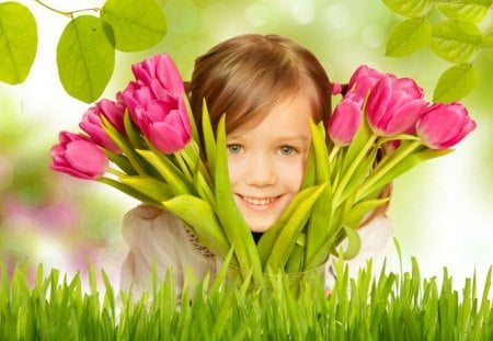 Little girl and tulips - freshness, trees, tulips, greenery, colorful, bouquet, spring, green, cute, grass, little, kid, branches, girl, nature, pink, leaves, sweet, flowers, smile