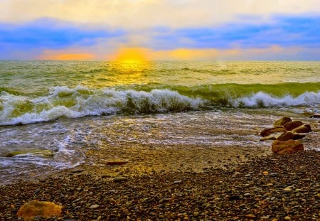 GOLDEN MORNING - motning, waves, sea, beach