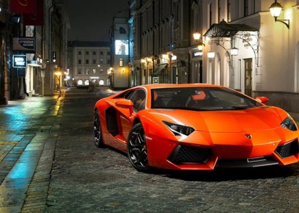 Lamborghini - italian, red, lanterns, sports, lamborghini, aventador, city street, evening