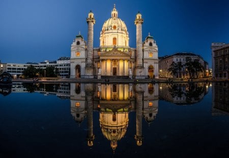 taj mahal in vienna austria - building, popular, wallpaper, buildings, reflections, reflection, city, architecture, pool, lights