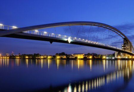 lovely arch pedestrian bridge at night - river, lights, arch, night, bridge