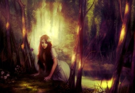 GIRL in the DARK - lakes, art, girl, forest, fantasy, flower