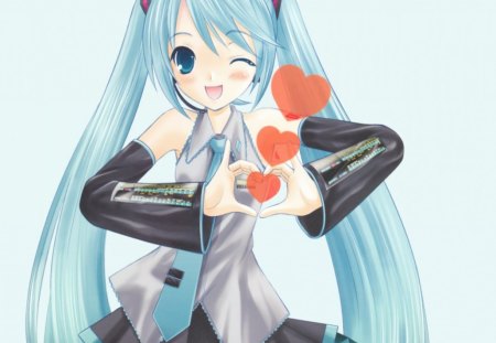 Miku ♡ You - pretty, anime, vocaloid, heart, kawaii, female, hatsune miku, long hair, happy, superstar, blue hair, plain, nice, blue eyes, idol, anime girl, twintails, beautiful, singer, girl, simple, beauty, lovely, love, sweet, smile, miku, diva, cute, hatsune, vocaloids