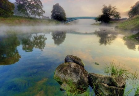 beautiful arched bridge on a foggy river - river, fog, steel, arch, rocks, bridge