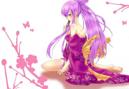 Luka - female, hot, anime girl, simple, white, megurine luka, anime, kimono, cute, megurine, luka, sexy, girl, long hair, pink hair, vocaloids, plain, vocaloid, yukata