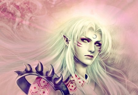 Elf - tattoo, blue, blonde, beauty, pink, man, creature, armor, elf, prince, fantasy, white, purple