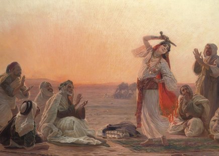 Oriental dance by Otto Pilny - desert, people, dress, girl, beauty, man, oto pilny, music, instrument, oriental dance, white, red, painting, woman, art