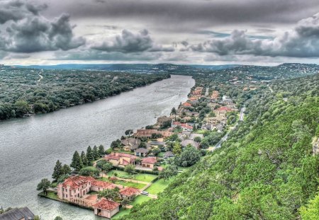 lovely mansions on a riverfront hdr - mansions, clouds, river, trees, town, hdr, mountain