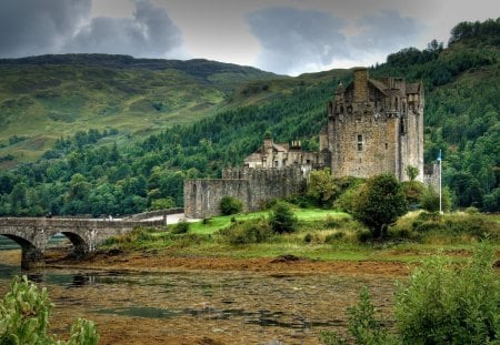 fantastic ancient castle - lake, trees, castle, mountains, bridge